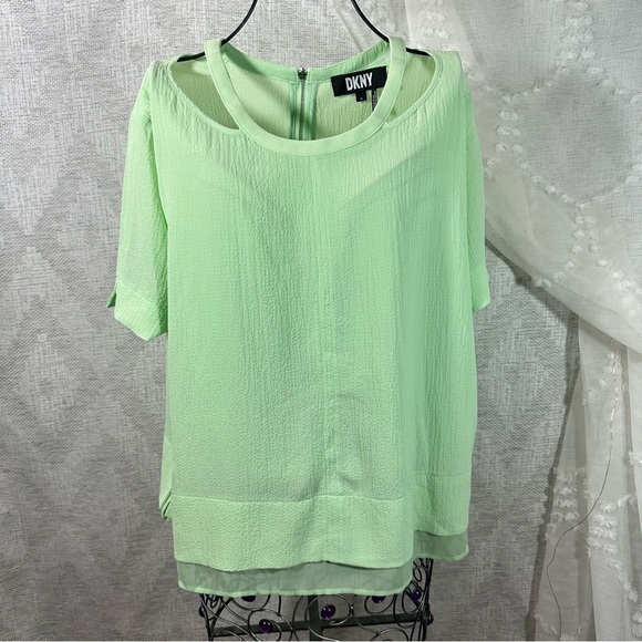 DKNY bubble crepe round band cutout crew neck chiffon blouse size XL - Picture 3 of 9